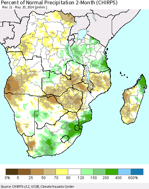 Southern Africa Percent of Normal Precipitation 2-Month (CHIRPS) Thematic Map For 3/21/2024 - 5/20/2024