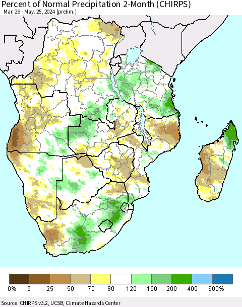 Southern Africa Percent of Normal Precipitation 2-Month (CHIRPS) Thematic Map For 3/26/2024 - 5/25/2024