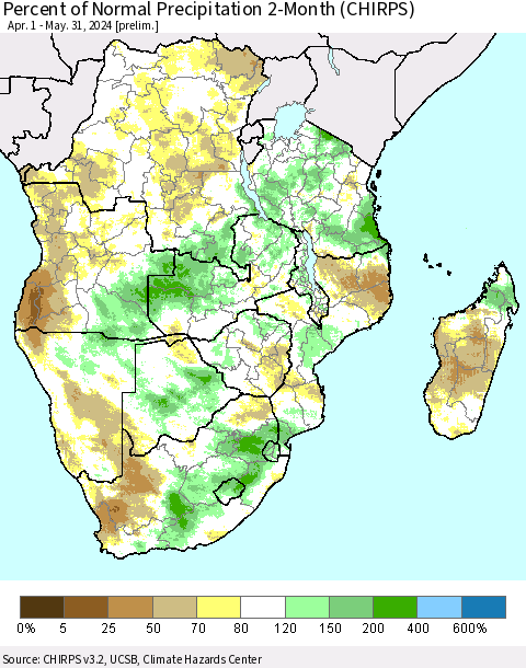 Southern Africa Percent of Normal Precipitation 2-Month (CHIRPS) Thematic Map For 4/1/2024 - 5/31/2024