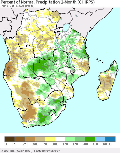 Southern Africa Percent of Normal Precipitation 2-Month (CHIRPS) Thematic Map For 4/6/2024 - 6/5/2024
