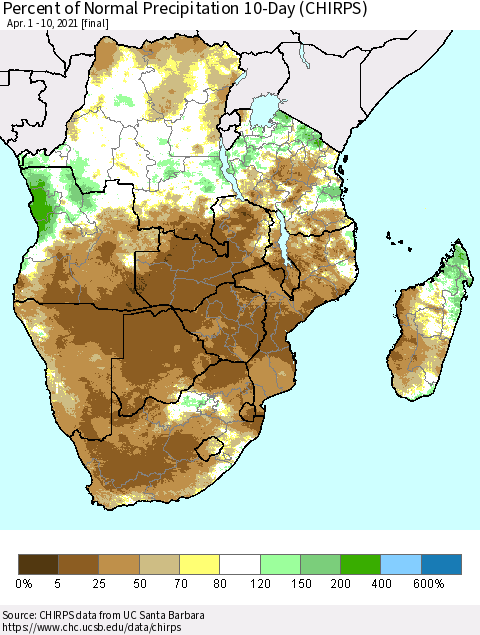 Southern Africa Percent of Normal Precipitation 10-Day (CHIRPS) Thematic Map For 4/1/2021 - 4/10/2021