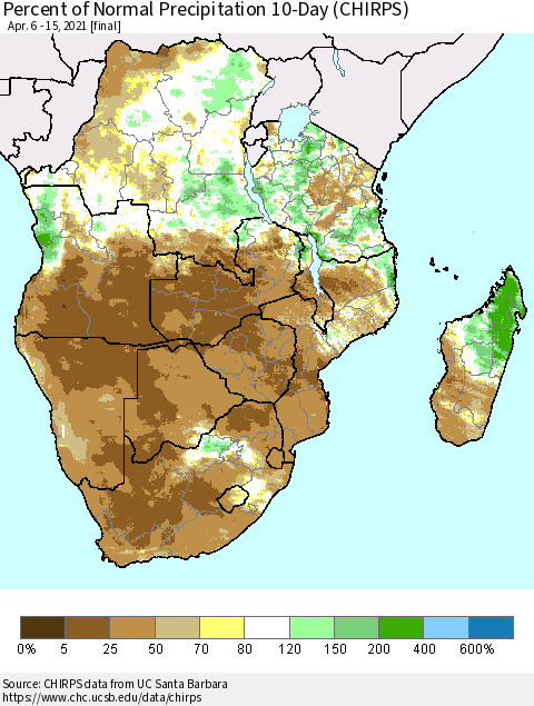 Southern Africa Percent of Normal Precipitation 10-Day (CHIRPS) Thematic Map For 4/6/2021 - 4/15/2021