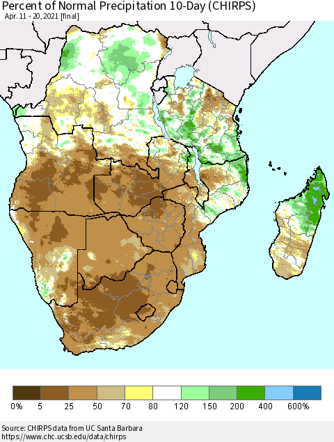 Southern Africa Percent of Normal Precipitation 10-Day (CHIRPS) Thematic Map For 4/11/2021 - 4/20/2021