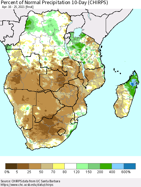 Southern Africa Percent of Normal Precipitation 10-Day (CHIRPS) Thematic Map For 4/16/2021 - 4/25/2021