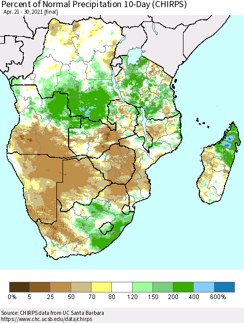 Southern Africa Percent of Normal Precipitation 10-Day (CHIRPS) Thematic Map For 4/21/2021 - 4/30/2021