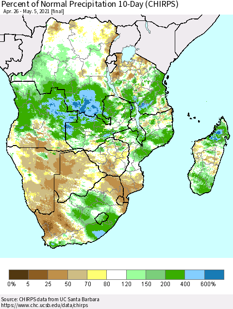 Southern Africa Percent of Normal Precipitation 10-Day (CHIRPS) Thematic Map For 4/26/2021 - 5/5/2021