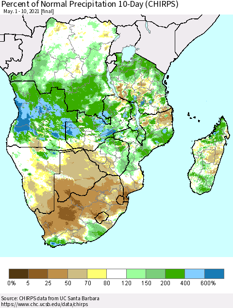 Southern Africa Percent of Normal Precipitation 10-Day (CHIRPS) Thematic Map For 5/1/2021 - 5/10/2021