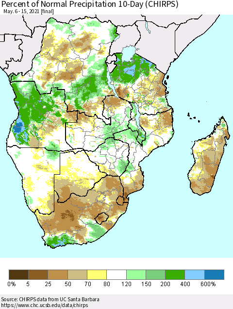 Southern Africa Percent of Normal Precipitation 10-Day (CHIRPS) Thematic Map For 5/6/2021 - 5/15/2021