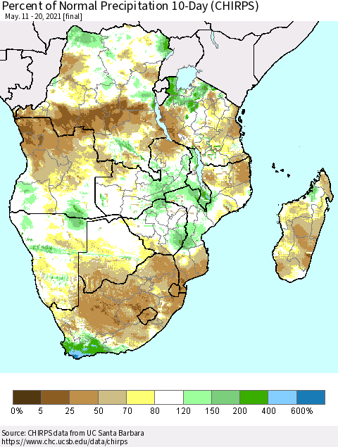 Southern Africa Percent of Normal Precipitation 10-Day (CHIRPS) Thematic Map For 5/11/2021 - 5/20/2021