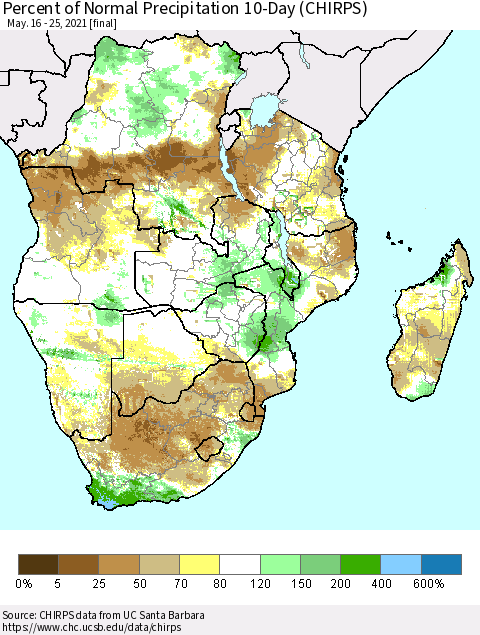 Southern Africa Percent of Normal Precipitation 10-Day (CHIRPS) Thematic Map For 5/16/2021 - 5/25/2021