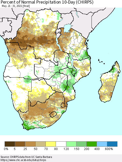 Southern Africa Percent of Normal Precipitation 10-Day (CHIRPS) Thematic Map For 5/21/2021 - 5/31/2021