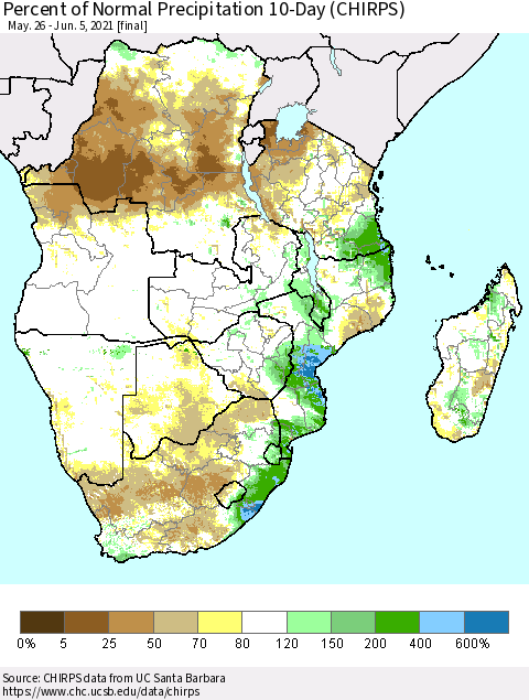 Southern Africa Percent of Normal Precipitation 10-Day (CHIRPS) Thematic Map For 5/26/2021 - 6/5/2021