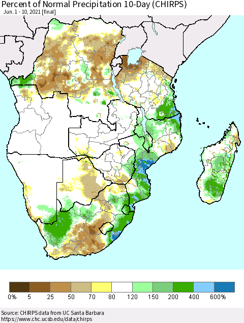 Southern Africa Percent of Normal Precipitation 10-Day (CHIRPS) Thematic Map For 6/1/2021 - 6/10/2021