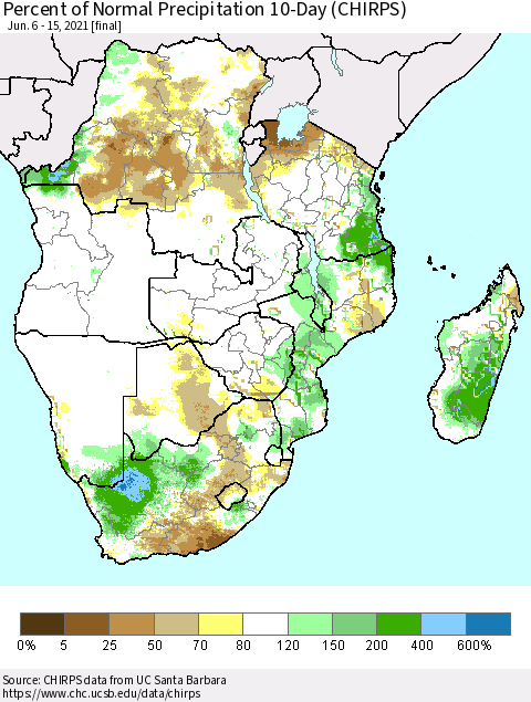 Southern Africa Percent of Normal Precipitation 10-Day (CHIRPS) Thematic Map For 6/6/2021 - 6/15/2021