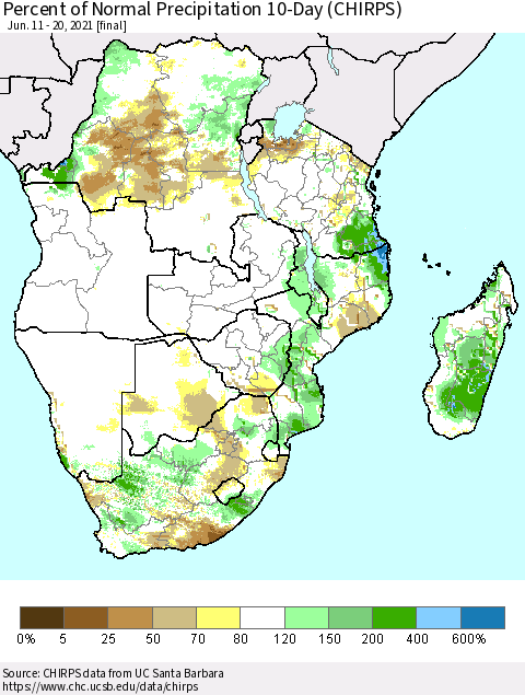 Southern Africa Percent of Normal Precipitation 10-Day (CHIRPS) Thematic Map For 6/11/2021 - 6/20/2021