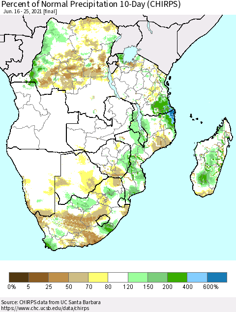 Southern Africa Percent of Normal Precipitation 10-Day (CHIRPS) Thematic Map For 6/16/2021 - 6/25/2021