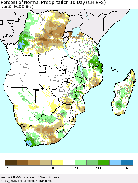 Southern Africa Percent of Normal Precipitation 10-Day (CHIRPS) Thematic Map For 6/21/2021 - 6/30/2021