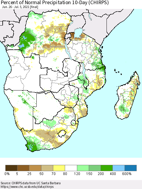 Southern Africa Percent of Normal Precipitation 10-Day (CHIRPS) Thematic Map For 6/26/2021 - 7/5/2021