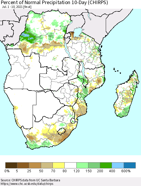 Southern Africa Percent of Normal Precipitation 10-Day (CHIRPS) Thematic Map For 7/1/2021 - 7/10/2021