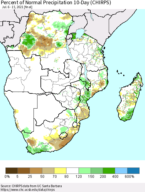 Southern Africa Percent of Normal Precipitation 10-Day (CHIRPS) Thematic Map For 7/6/2021 - 7/15/2021