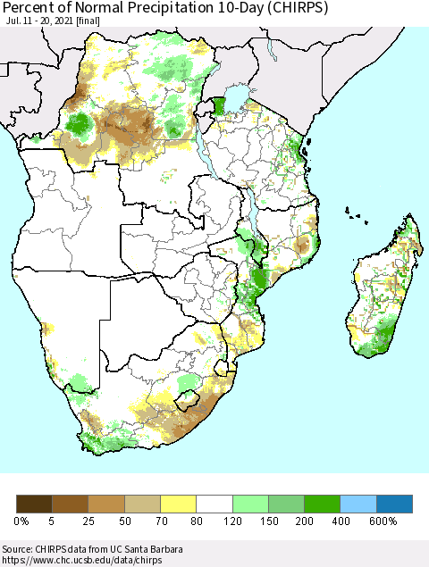 Southern Africa Percent of Normal Precipitation 10-Day (CHIRPS) Thematic Map For 7/11/2021 - 7/20/2021