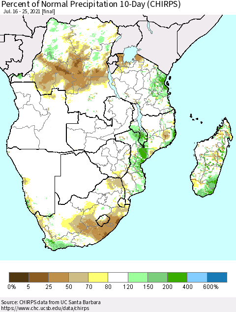 Southern Africa Percent of Normal Precipitation 10-Day (CHIRPS) Thematic Map For 7/16/2021 - 7/25/2021