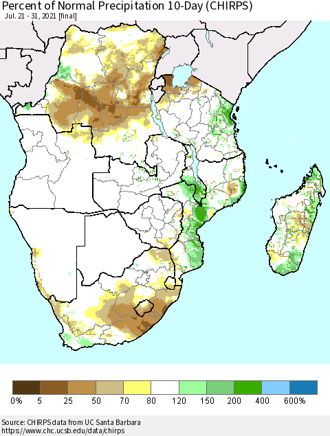 Southern Africa Percent of Normal Precipitation 10-Day (CHIRPS) Thematic Map For 7/21/2021 - 7/31/2021