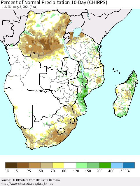 Southern Africa Percent of Normal Precipitation 10-Day (CHIRPS) Thematic Map For 7/26/2021 - 8/5/2021