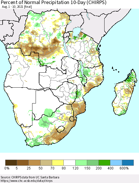 Southern Africa Percent of Normal Precipitation 10-Day (CHIRPS) Thematic Map For 8/1/2021 - 8/10/2021