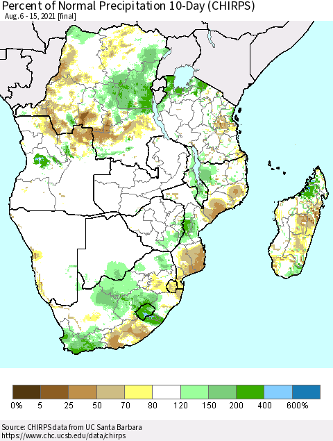Southern Africa Percent of Normal Precipitation 10-Day (CHIRPS) Thematic Map For 8/6/2021 - 8/15/2021