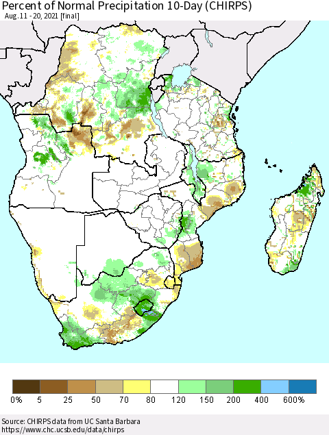 Southern Africa Percent of Normal Precipitation 10-Day (CHIRPS) Thematic Map For 8/11/2021 - 8/20/2021