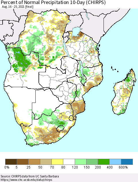 Southern Africa Percent of Normal Precipitation 10-Day (CHIRPS) Thematic Map For 8/16/2021 - 8/25/2021