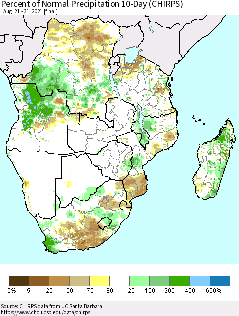 Southern Africa Percent of Normal Precipitation 10-Day (CHIRPS) Thematic Map For 8/21/2021 - 8/31/2021