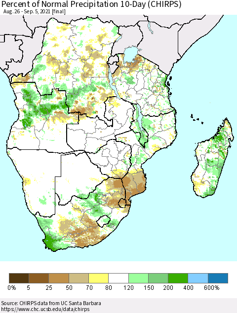 Southern Africa Percent of Normal Precipitation 10-Day (CHIRPS) Thematic Map For 8/26/2021 - 9/5/2021