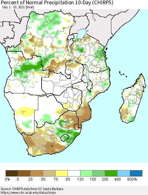 Southern Africa Percent of Normal Precipitation 10-Day (CHIRPS) Thematic Map For 9/1/2021 - 9/10/2021