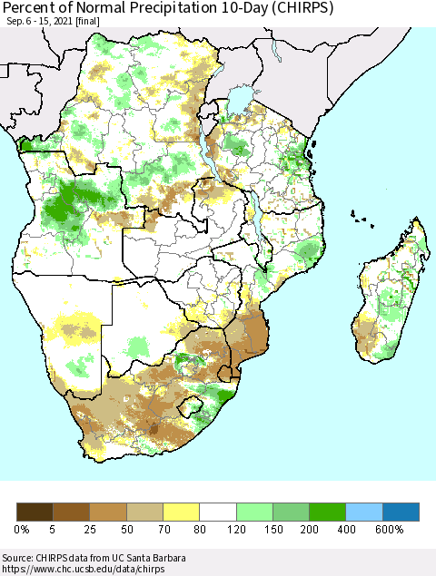 Southern Africa Percent of Normal Precipitation 10-Day (CHIRPS) Thematic Map For 9/6/2021 - 9/15/2021