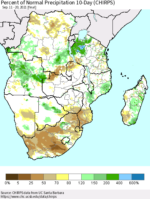 Southern Africa Percent of Normal Precipitation 10-Day (CHIRPS) Thematic Map For 9/11/2021 - 9/20/2021