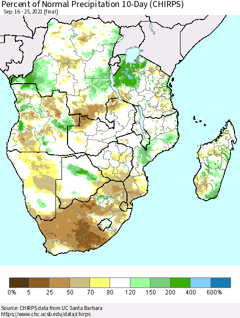 Southern Africa Percent of Normal Precipitation 10-Day (CHIRPS) Thematic Map For 9/16/2021 - 9/25/2021