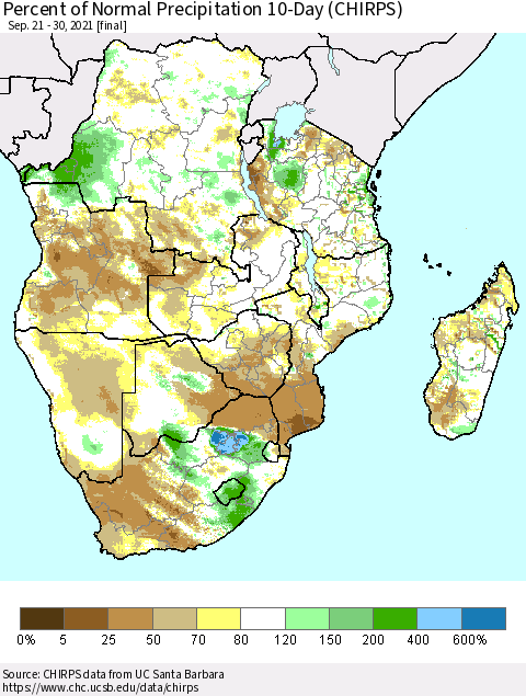 Southern Africa Percent of Normal Precipitation 10-Day (CHIRPS) Thematic Map For 9/21/2021 - 9/30/2021