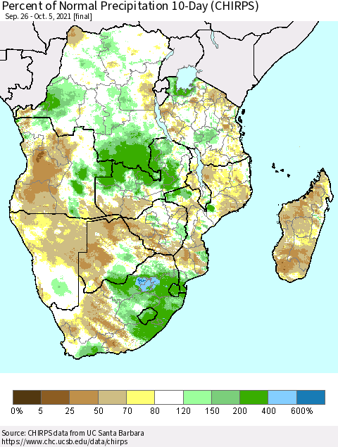 Southern Africa Percent of Normal Precipitation 10-Day (CHIRPS) Thematic Map For 9/26/2021 - 10/5/2021