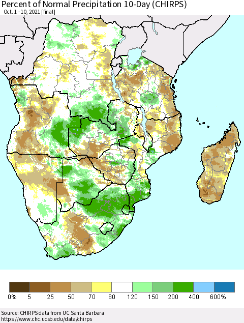 Southern Africa Percent of Normal Precipitation 10-Day (CHIRPS) Thematic Map For 10/1/2021 - 10/10/2021