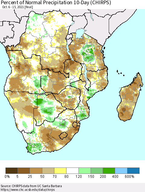 Southern Africa Percent of Normal Precipitation 10-Day (CHIRPS) Thematic Map For 10/6/2021 - 10/15/2021