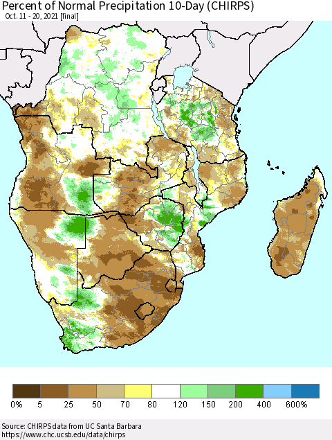 Southern Africa Percent of Normal Precipitation 10-Day (CHIRPS) Thematic Map For 10/11/2021 - 10/20/2021