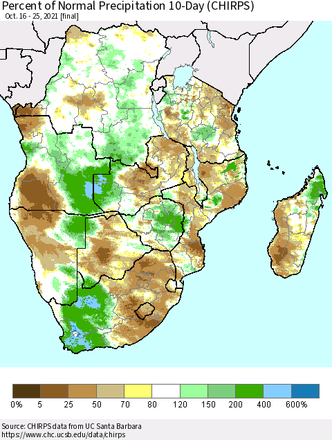 Southern Africa Percent of Normal Precipitation 10-Day (CHIRPS) Thematic Map For 10/16/2021 - 10/25/2021
