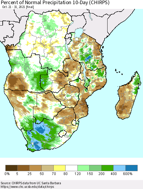 Southern Africa Percent of Normal Precipitation 10-Day (CHIRPS) Thematic Map For 10/21/2021 - 10/31/2021
