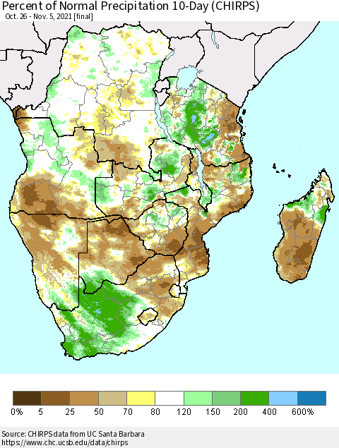 Southern Africa Percent of Normal Precipitation 10-Day (CHIRPS) Thematic Map For 10/26/2021 - 11/5/2021