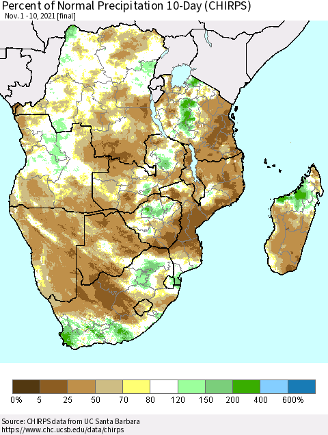 Southern Africa Percent of Normal Precipitation 10-Day (CHIRPS) Thematic Map For 11/1/2021 - 11/10/2021