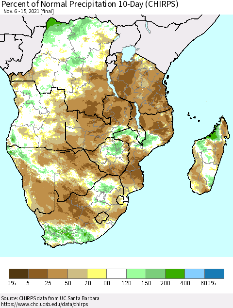 Southern Africa Percent of Normal Precipitation 10-Day (CHIRPS) Thematic Map For 11/6/2021 - 11/15/2021