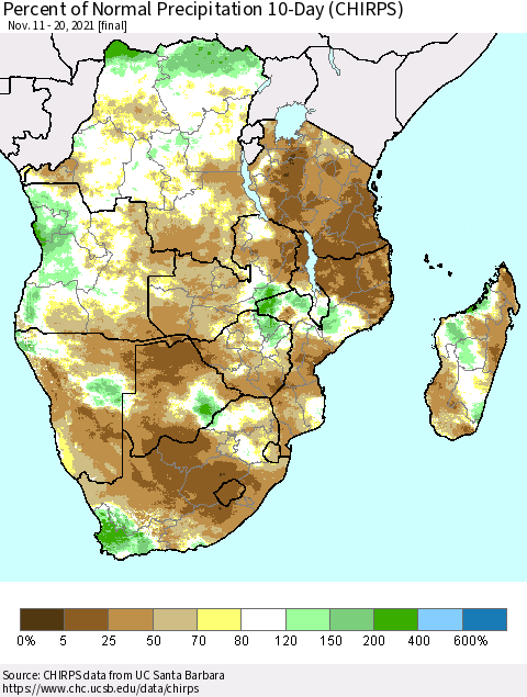 Southern Africa Percent of Normal Precipitation 10-Day (CHIRPS) Thematic Map For 11/11/2021 - 11/20/2021