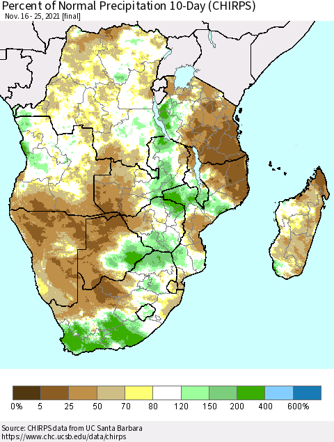 Southern Africa Percent of Normal Precipitation 10-Day (CHIRPS) Thematic Map For 11/16/2021 - 11/25/2021
